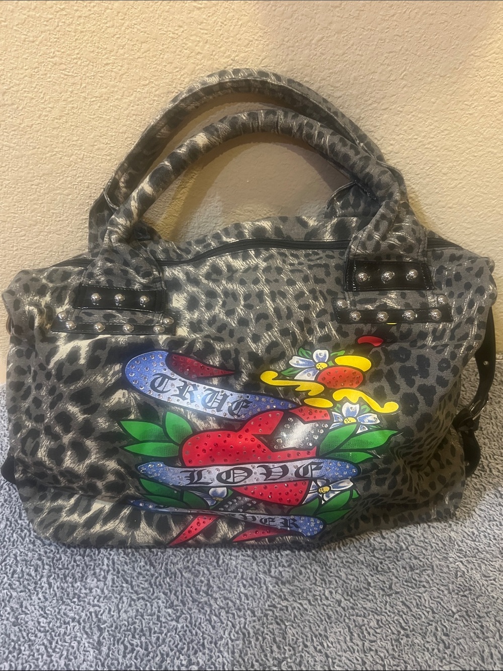 Tattoo Inspired Leopard Print Satchel with Colorful Heart Graphic - Gray
